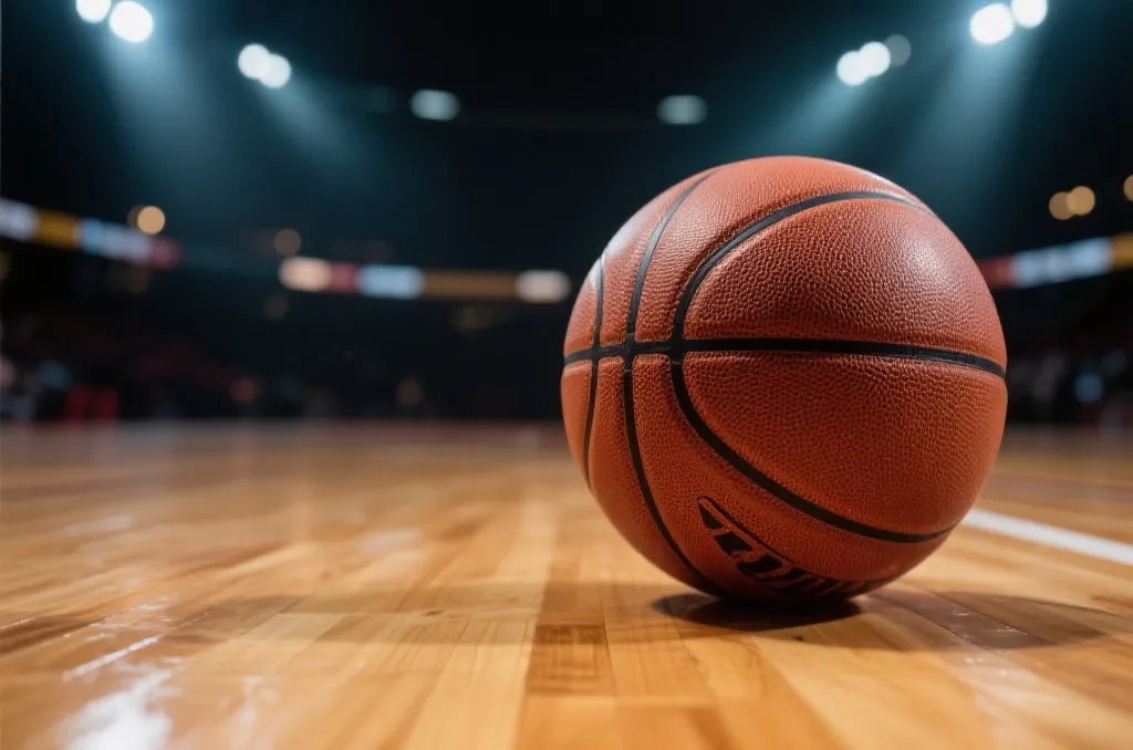 A close-up of a basketball on a polished wooden court floor with dramatic stadium lighting