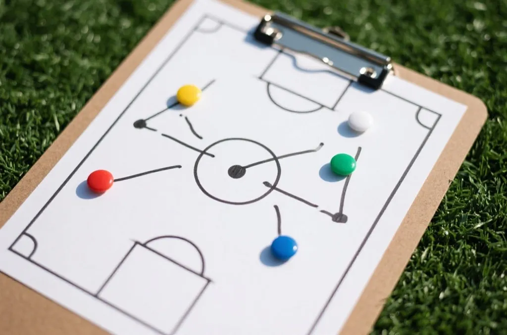 Soccer tactical clipboard with hand-drawn strategic lines and magnets